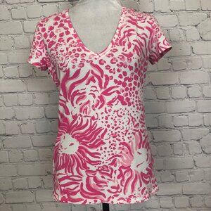 Lilly Pulitzer Michele V Neck Size S Get Spotted Pink Short Sleeve